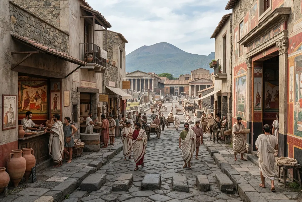 Vista realista de la ciudad antigua de Pompeya con casas, talleres y espacios públicos en el siglo I d. C.