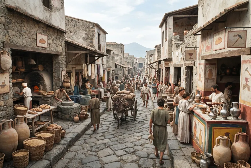 Calle típica de Pompeya con talleres y locales comerciales en actividad.