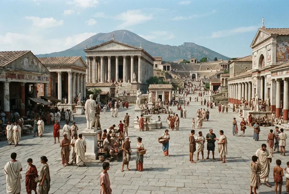 Foro público de Pompeya con templos, baños y áreas de teatro en la antigüedad.